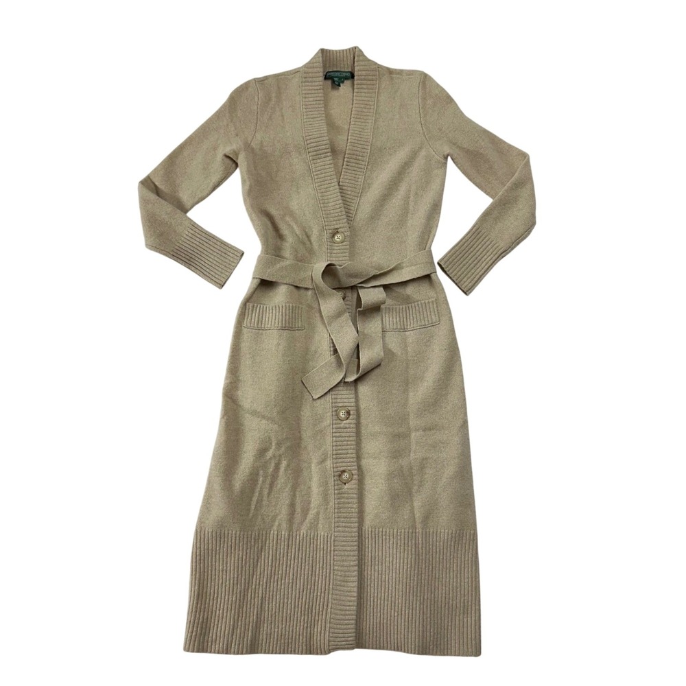 Lauren Jeans Co. Ralph Lauren camel-colored belted knit Long cardigan Lambswool